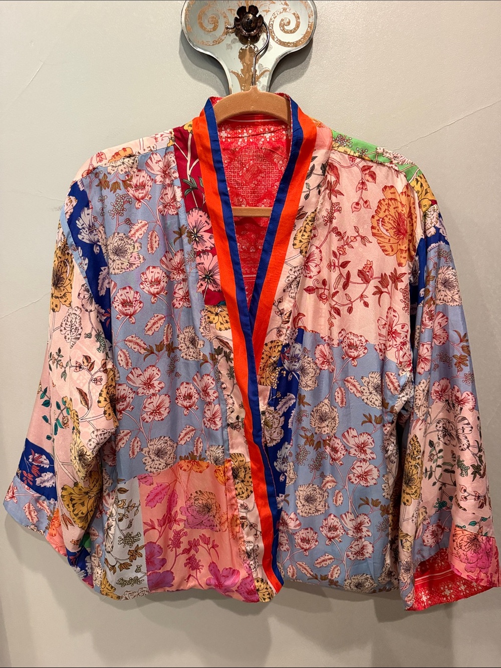 Johnny Was Multi-Color Floral reversible Bomber Jacket with Red & Blue Trim